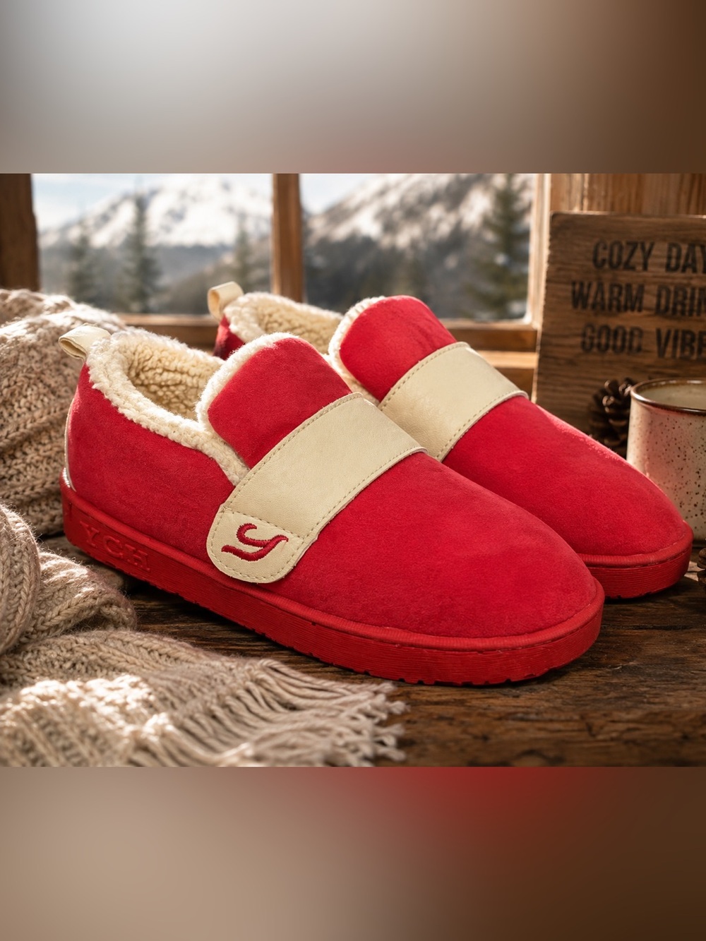YCH Red Faux Suede Sherpa Fleece Lined Slippers EU 38/39